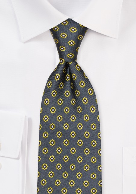 Olive Green Silk Print Tie in XL Length