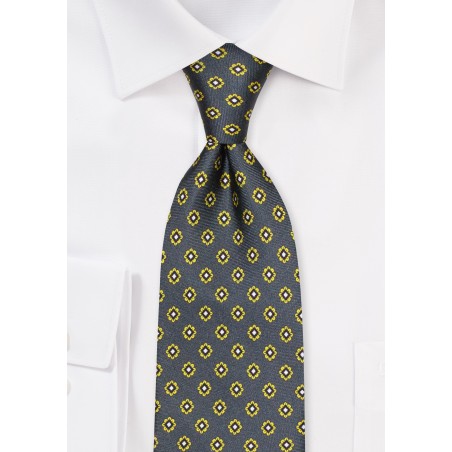 Olive Green Silk Print Tie in XL Length