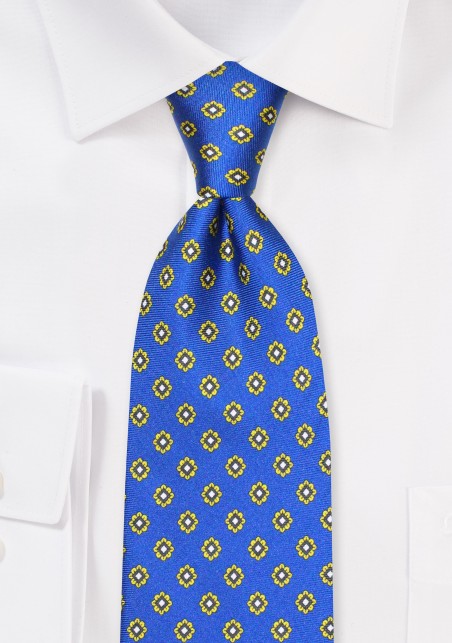 Silk Necktie in Royal Blue with Golden Yellow Floral Foulard Print