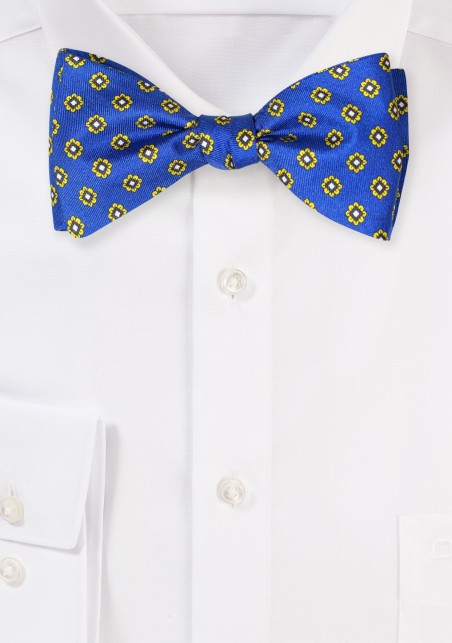 Luxury Silk Bow Tie in Royal Blue and Gold Foulard Print