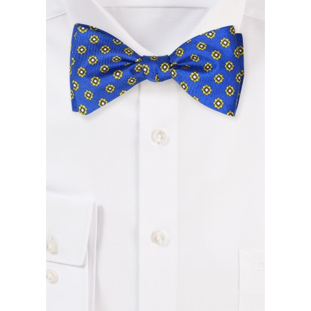 Luxury Silk Bow Tie in Royal Blue and Gold Foulard Print