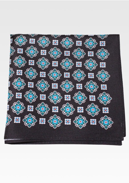 Medallion Print Silk Pocket Square in Black and Teal