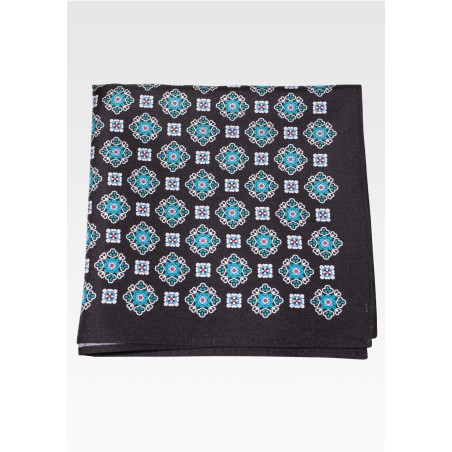 Medallion Print Silk Pocket Square in Black and Teal