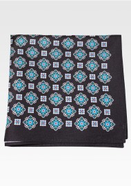Medallion Print Silk Pocket Square in Black and Teal