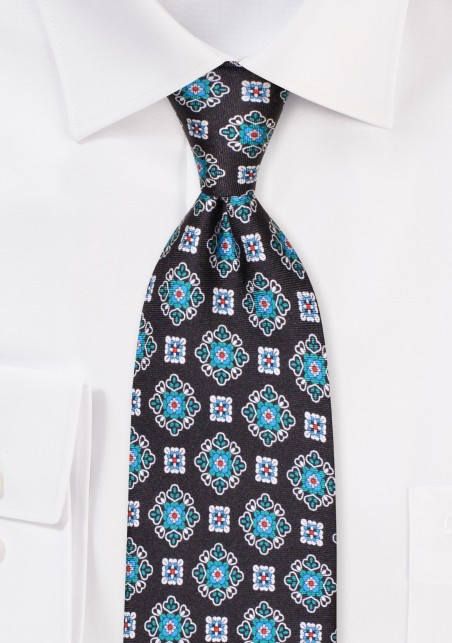 Black Silk Necktie with Vintage Medallion Print in Teal