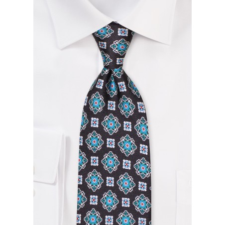Extra Length Black Silk Tie with Vintage Medallion Print in Teal