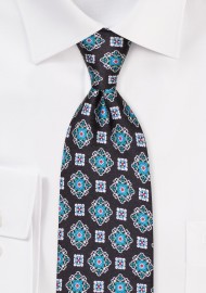 Extra Length Black Silk Tie with Vintage Medallion Print in Teal
