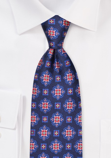 XL Medallion Printed Silk Tie in Navy, Red, Pink