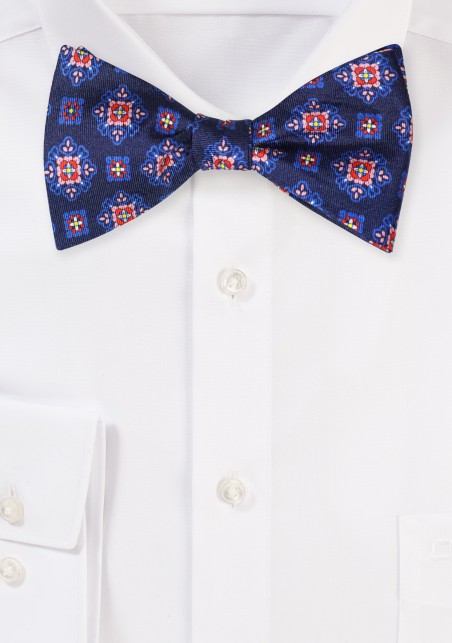 Navy Silk BowTie with Medallion Print in Red and Pink