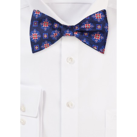 Navy Silk BowTie with Medallion Print in Red and Pink