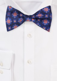 Navy Silk BowTie with Medallion Print in Red and Pink