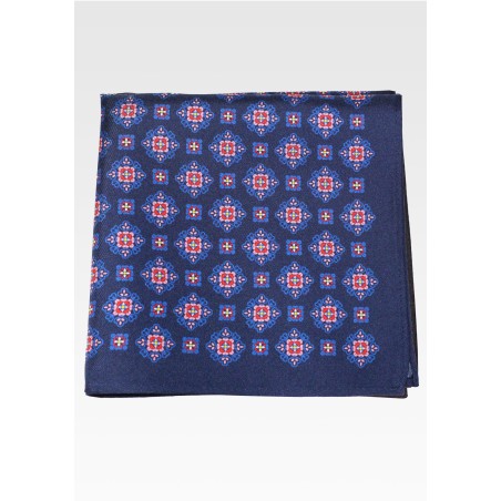 Navy Silk Pocket Square with Pink and Red Medallion Print