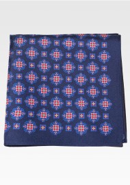 Navy Silk Pocket Square with Pink and Red Medallion Print