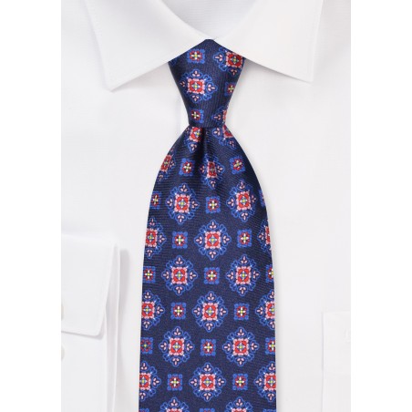 Navy Silk Necktie with Vintage Medallion Design Print in Red and Pink