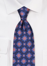 Navy Silk Necktie with Vintage Medallion Design Print in Red and Pink