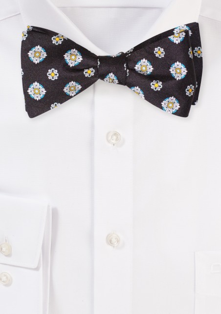 Black Silk Bow Tie with Large Floral Medallion Print