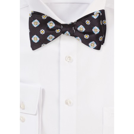 Black Silk Bow Tie with Large Floral Medallion Print