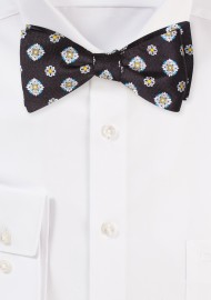 Black Silk Bow Tie with Large Floral Medallion Print