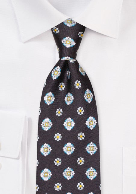 Black Silk Tie with Floral Medallions in Teal, Silver, and Gold