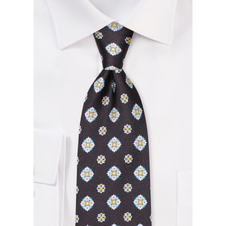 Black XL Length Necktie with Floral Medallions