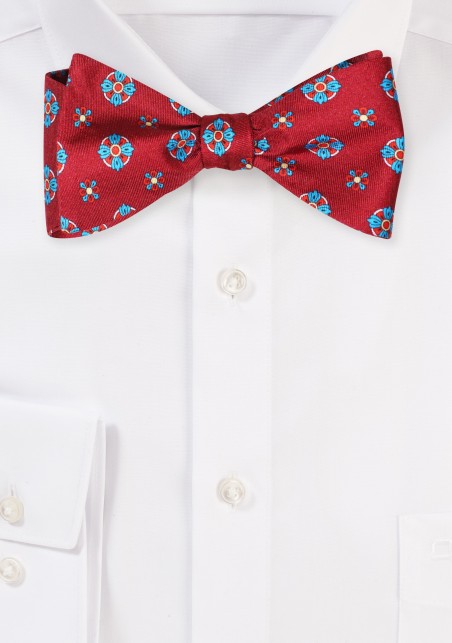 Wine and Teal Silk Print Bowtie in Self Tie Style