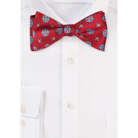 Wine and Teal Silk Print Bowtie in Self Tie Style