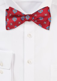 Wine and Teal Silk Print Bowtie in Self Tie Style