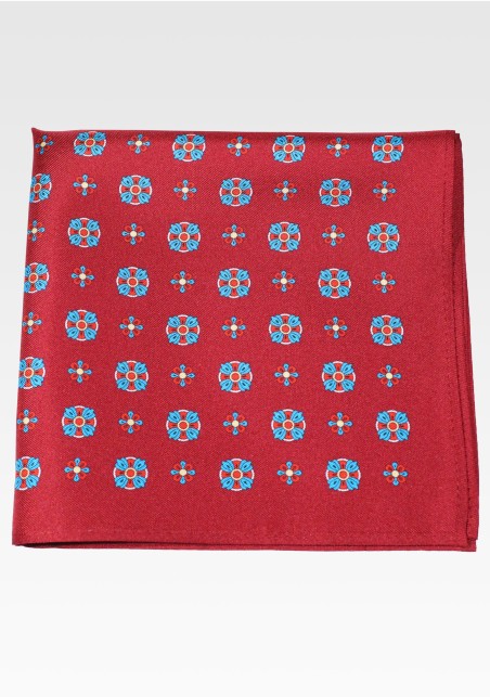 Wine Pocket Square with Teal and Bright Red Medallion Print