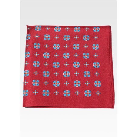Wine Pocket Square with Teal and Bright Red Medallion Print