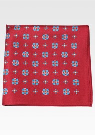 Wine Pocket Square with Teal and Bright Red Medallion Print