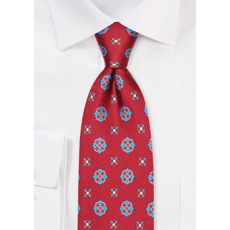 Wine Red Silk Necktie with Teal Medallions