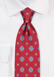 Wine Red Silk Necktie with Teal Medallions
