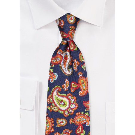 Luxury Silk Paisley Tie in Navy Orange, Lime