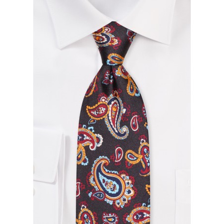 Luxury Silk Paisley Tie in Brown, Orange, Burgundy