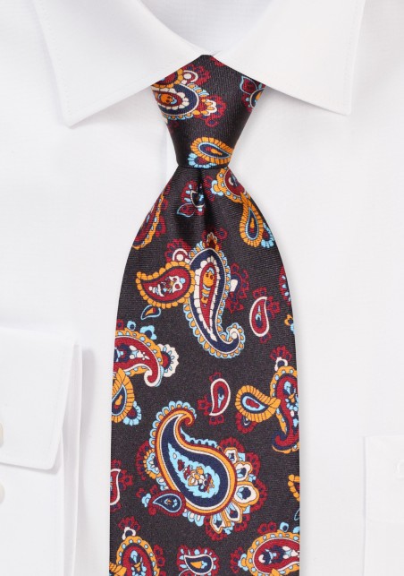Brown, Orange, Burgundy Paisley Silk Tie in XL Size