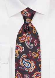 Brown, Orange, Burgundy Paisley Silk Tie in XL Size