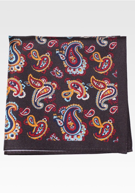 Brown Silk Pocket Square with Colorful Paisley Print