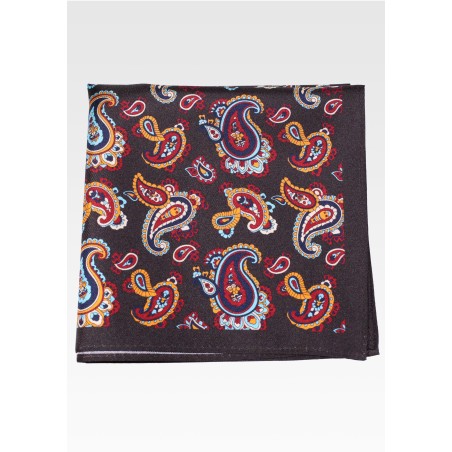 Brown Silk Pocket Square with Colorful Paisley Print