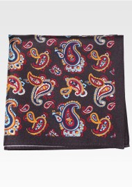 Brown Silk Pocket Square with Colorful Paisley Print
