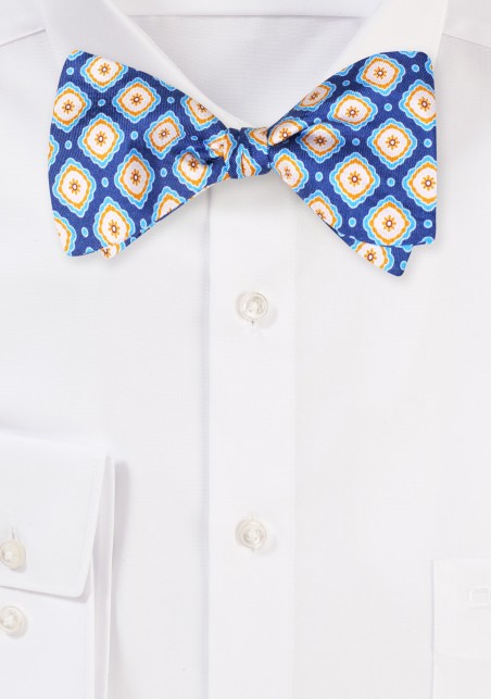 Royal with Gold Designer Print Self Tie Bow Tie in 100% Silk