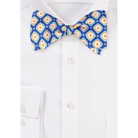 Royal with Gold Designer Print Self Tie Bow Tie in 100% Silk