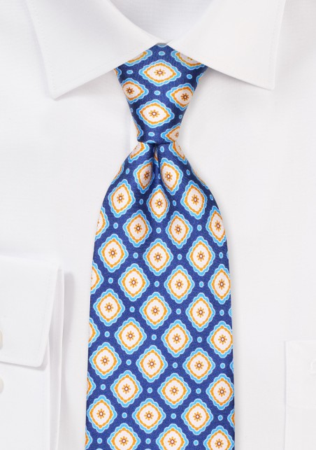 Royal Blue and Gold Silk Mens Tie in XL Length