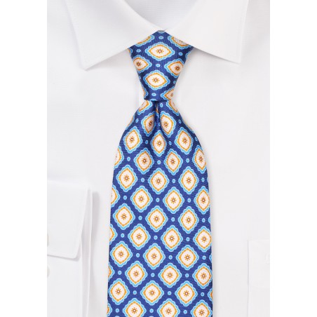 Royal Blue Silk Tie with Gold and Tan Geometric Tile Print