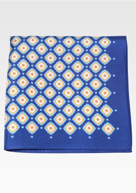 Royal Blue and Golden Geometric Print Silk Pocket Square