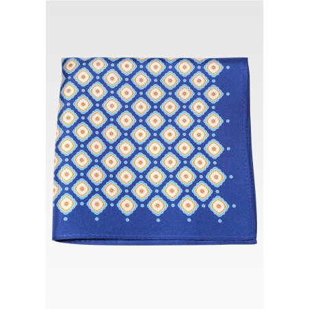 Royal Blue and Golden Geometric Print Silk Pocket Square