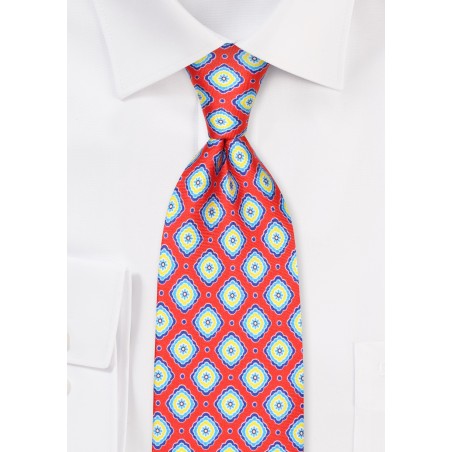 Red Silk Necktie with Geometric Tile print in Blue and Yellow