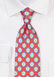 Red Silk Necktie with Geometric Tile print in Blue and Yellow
