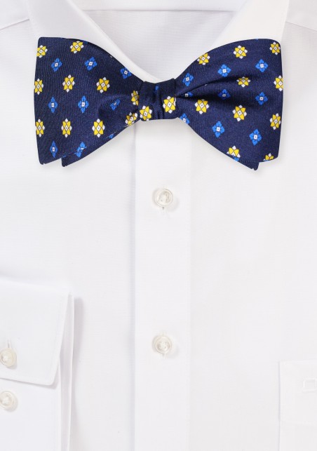 Silk Bow Tie in Self Tie Style in Blue and Golden Yellow