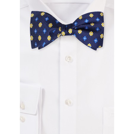 Silk Bow Tie in Self Tie Style in Blue and Golden Yellow