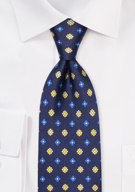 Navy Silk Print Tie with Geometric Print in Royal Blue and Yellow